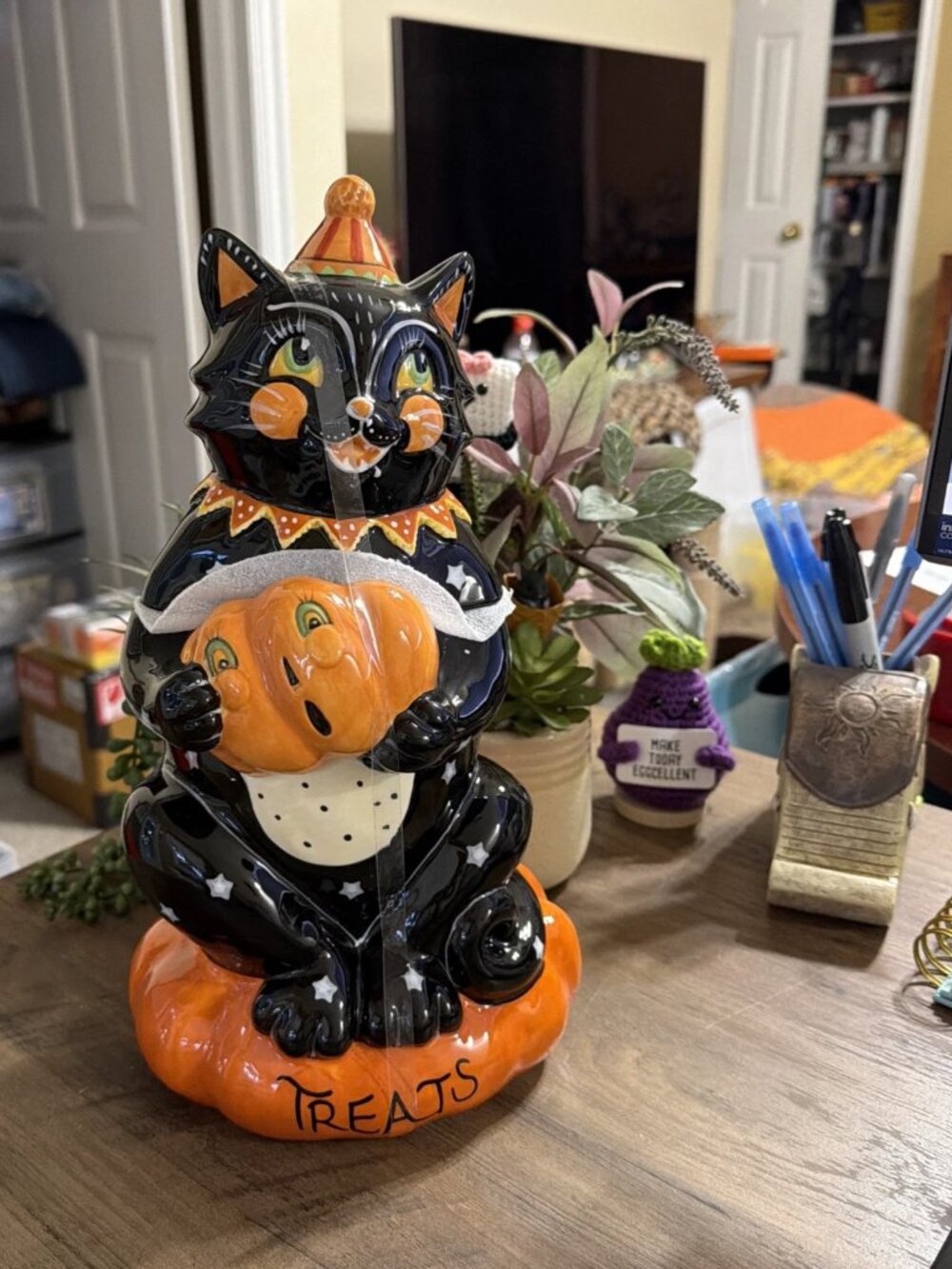Viral Blue Sky Clayworks Vintage-Style Halloween Black Cat Cookie Jar - NEW
